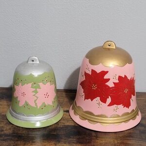 MCM Ceramic Christmas Bells Poinsettia Pink Green Holiday Christmas Bell
